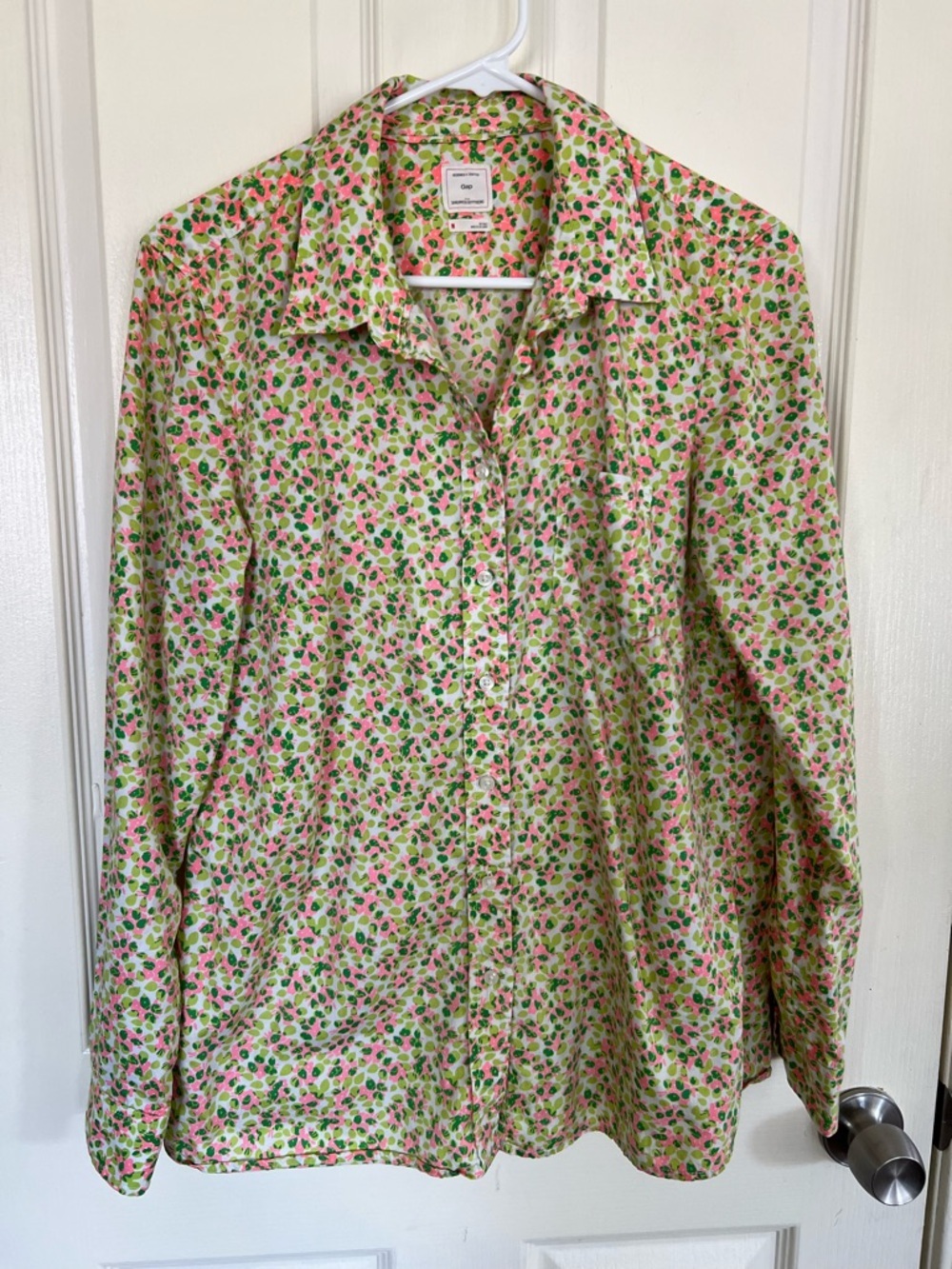 Gap Floral Button Down Shirt Shrunken Boyfriend Fit Pink Green Cotton Size M